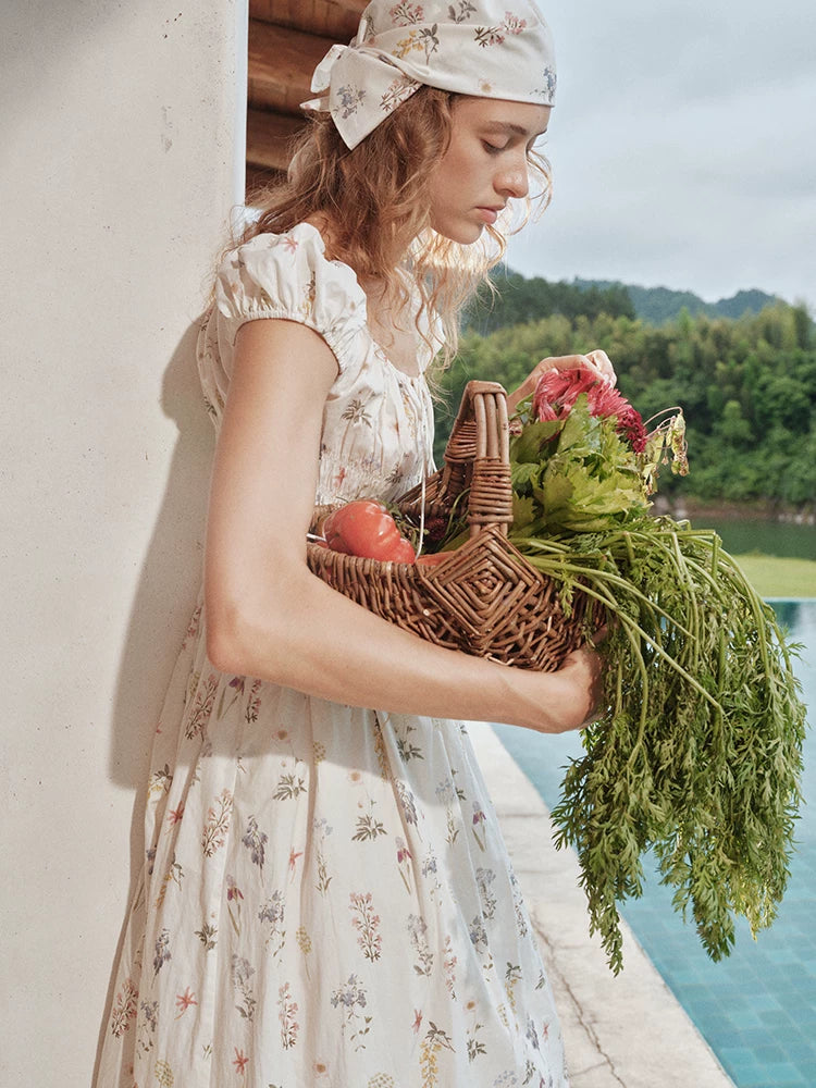 Botanical Graffiti Cotton Ruched Tie Dress