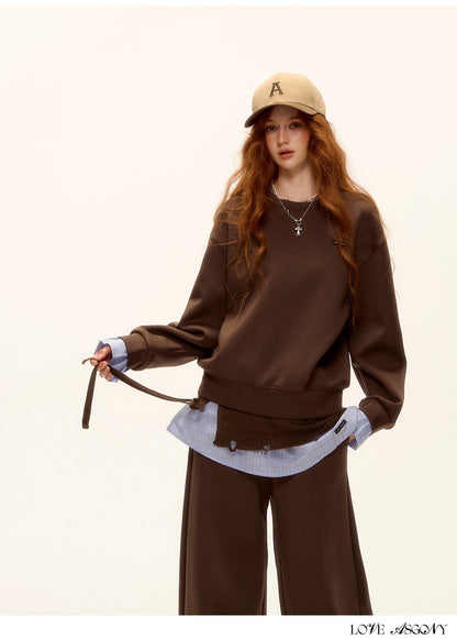 Patchwork Sweatshirt &amp; Curved-Hem Knit Pants Set