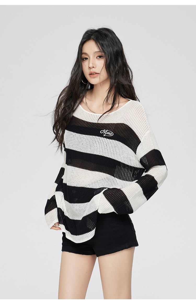 Black &amp; White Striped Round Neck Long-sleeve T-shirt