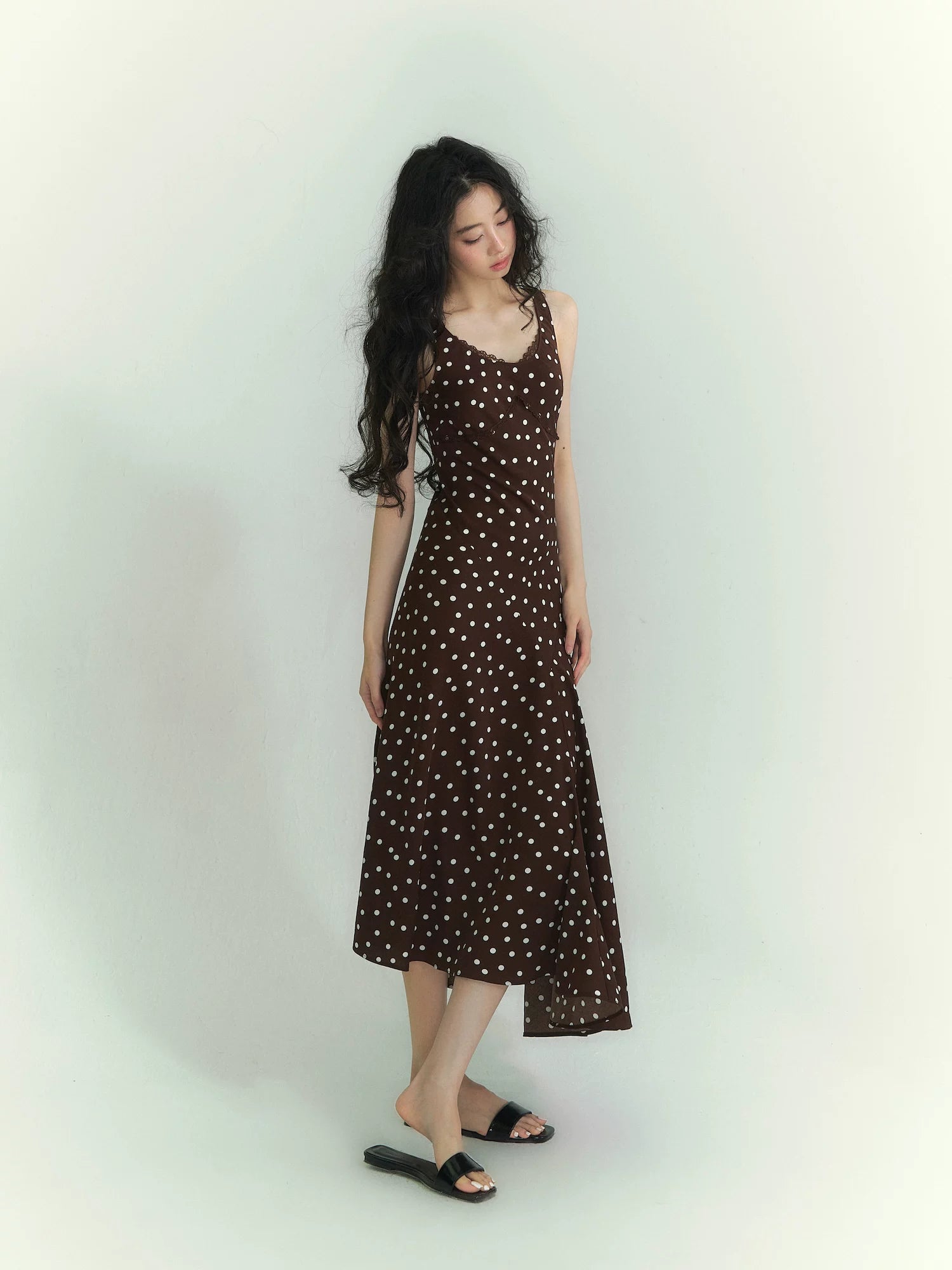 Lace-Trim Polka Dot Midi Dress