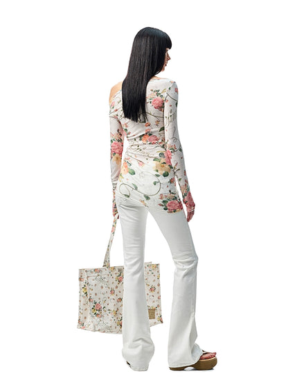 Floral All-over Print Off-the-Shoulder Sheer Cover-up