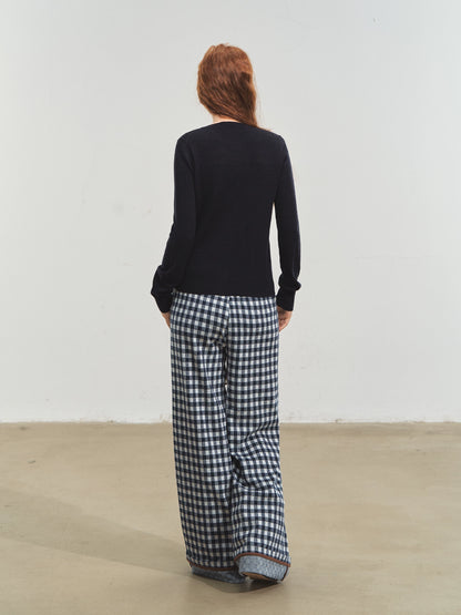 Checkered Cuff Wide‑Leg Pants