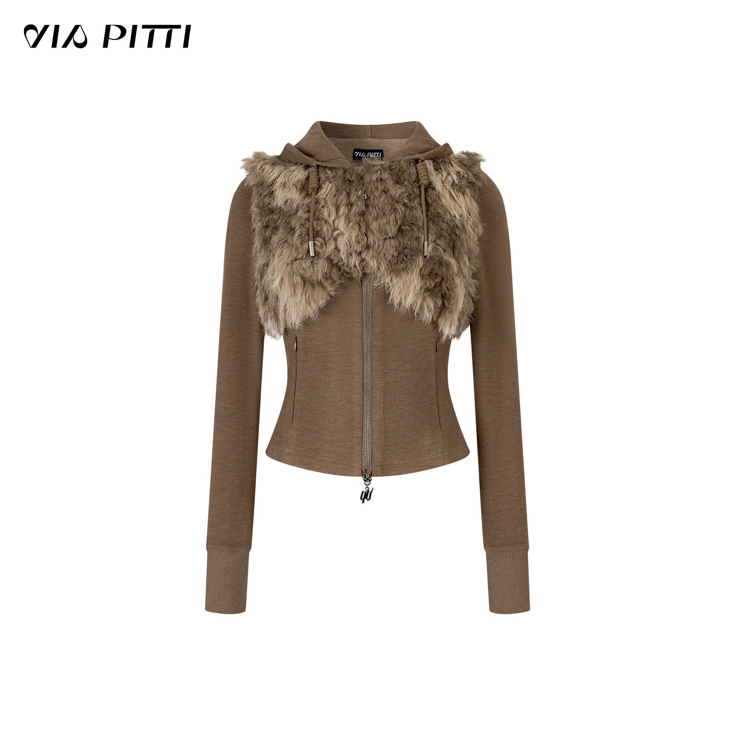 Faux Fur Drawstring Zip-up Hoodie