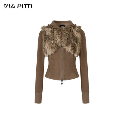 Faux Fur Drawstring Zip-up Hoodie