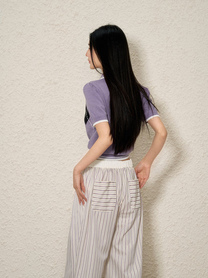 Elastic Waist Striped Pleated Wide-Legged Pants