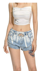 Gradient Floral Elastic Skinny Denim Shorts - CHINASQUAD