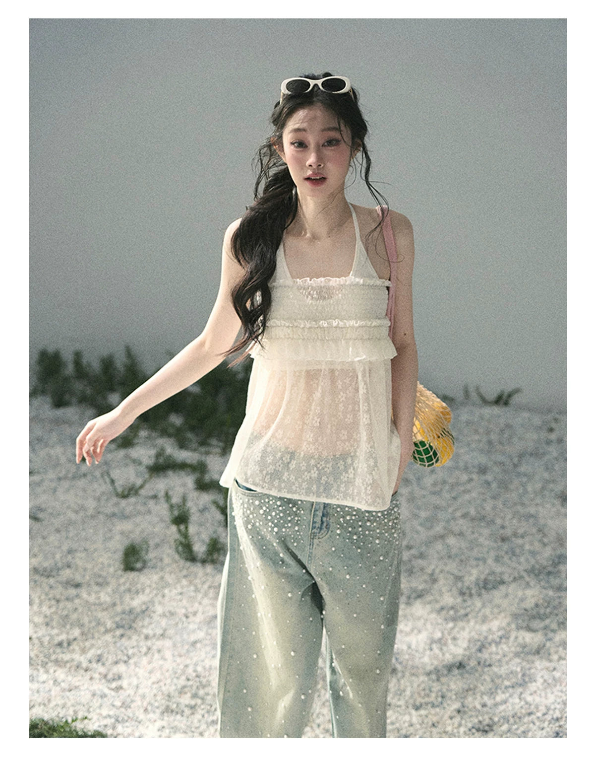 “Shattered Glass Veil” French Sheer Halter Lace Top