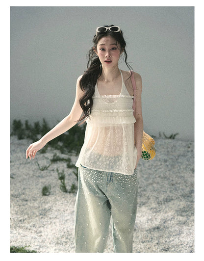 “Shattered Glass Veil” French Sheer Halter Lace Top
