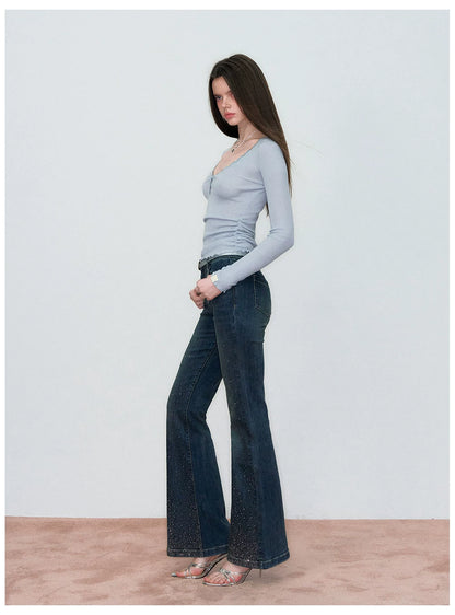 Vintage Rhinestone-Embellished Flared Denim Jeans