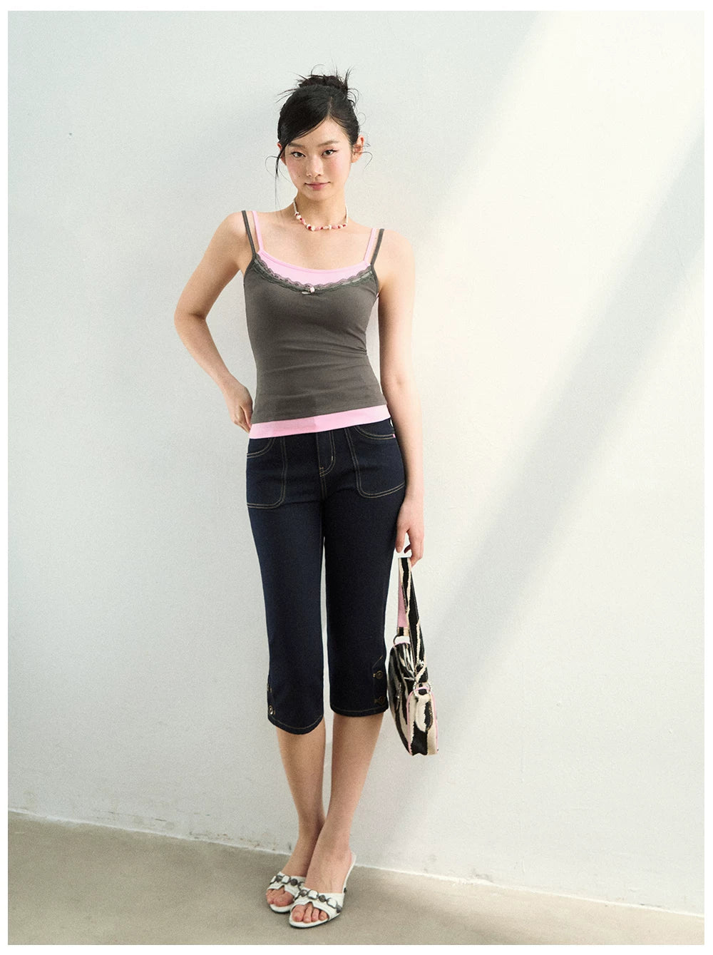 Studded Belt Cropped Denim Pants
