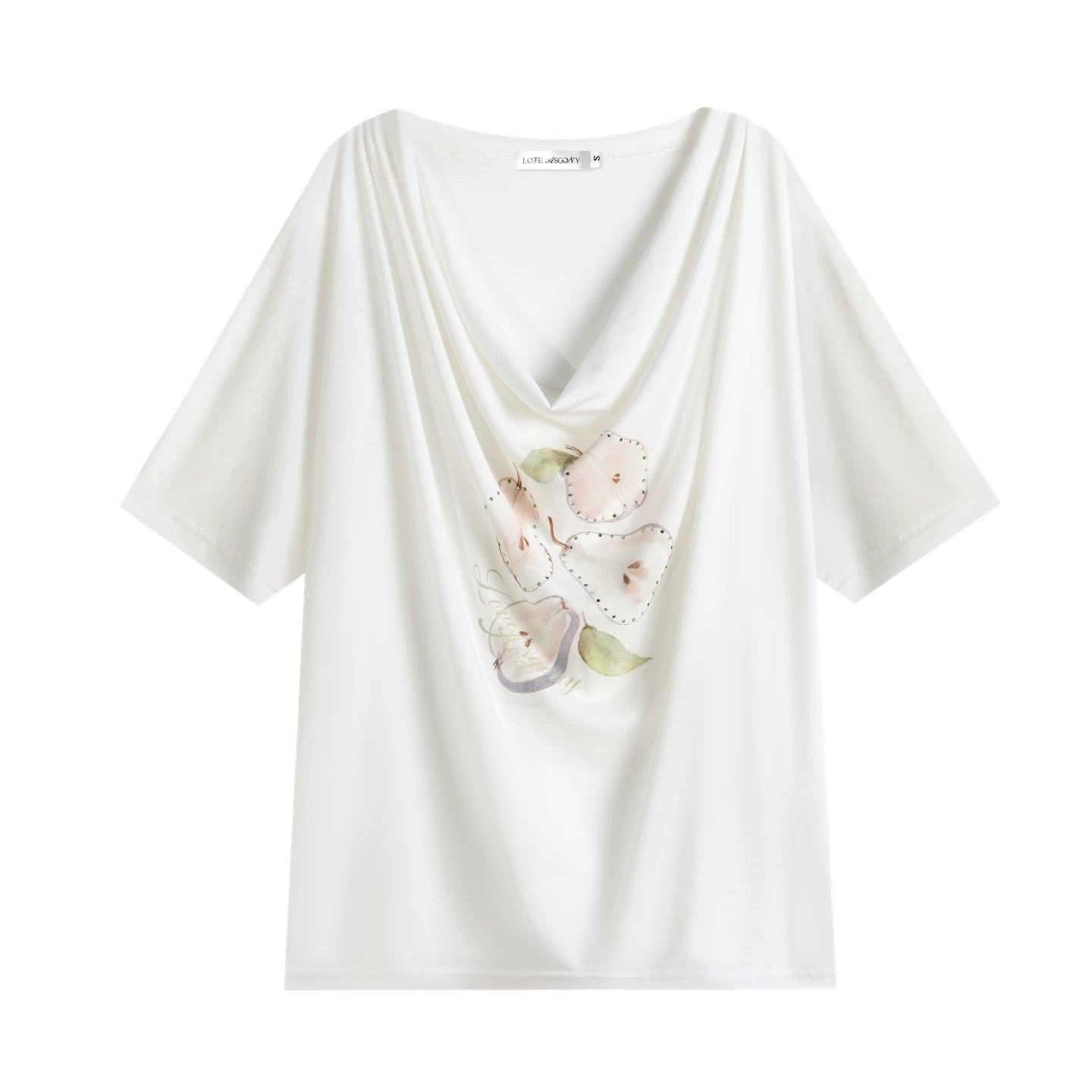Pear Embellished Draped Off-Shoulder Relaxed T-Shirt