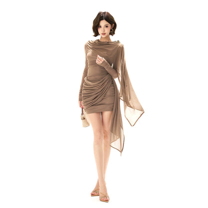 Mesh Shawl Ruched Knit Bodycon Dress