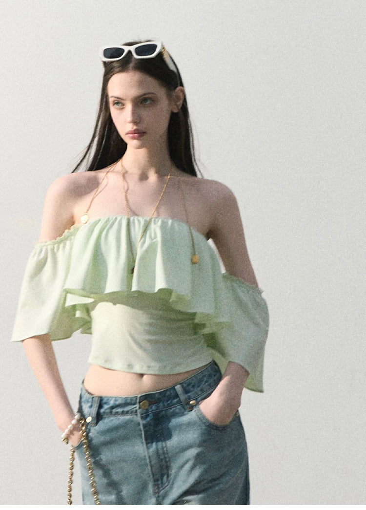 Mint Dream Shimmer Off-Shoulder T-Shirt
