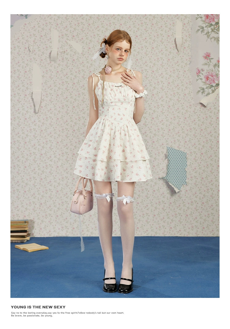 White Floral Spaghetti Strap Dress