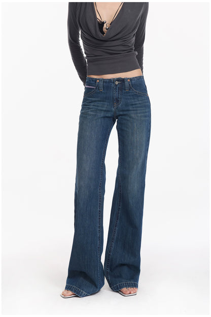 Washed Blue Embroidered Straight Jeans - CHINASQUAD