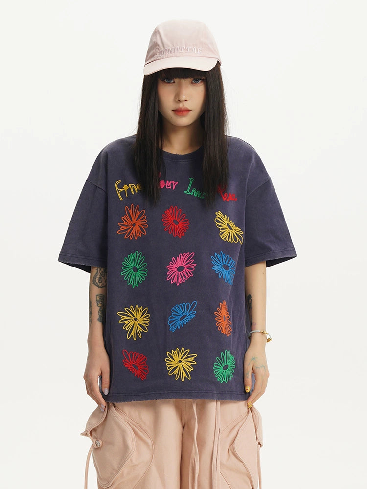 Wool Flower Embroidered T-shirt - CHINASQUAD