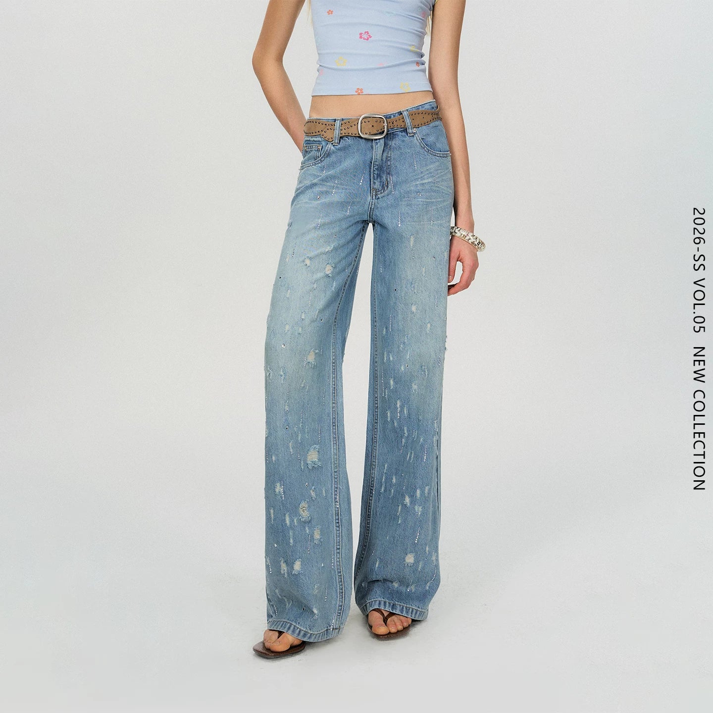Vintage Washed Blue Rhinestone Embellished Straight-Leg Denim Trousers