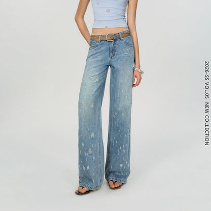 Vintage Washed Blue Rhinestone Embellished Straight-Leg Denim Trousers