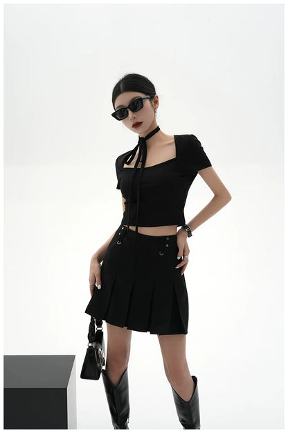 Tie-Detail Square-Neck Cropped T-Shirt