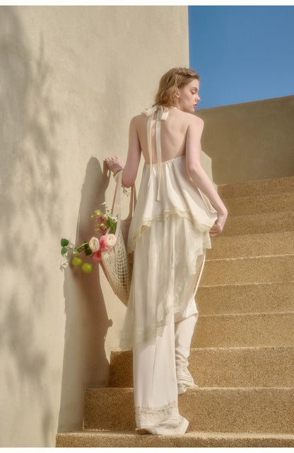 Pearl Gold Satin Lace Three-Piece Set