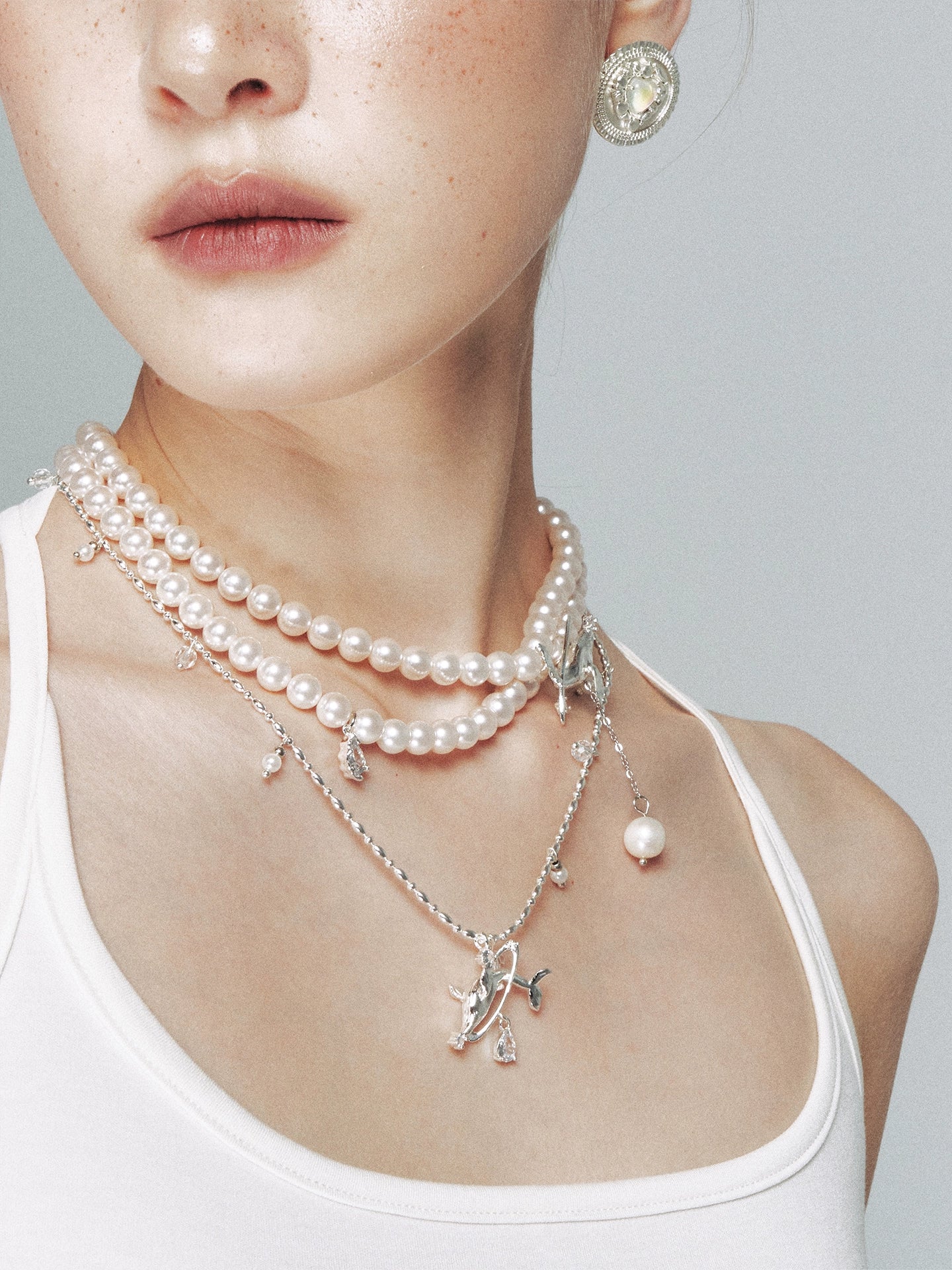 Silver Interwoven Pearl Whale Choker Necklace