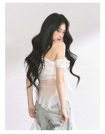 Off-Shoulder Mesh Short-Sleeve T-Shirt