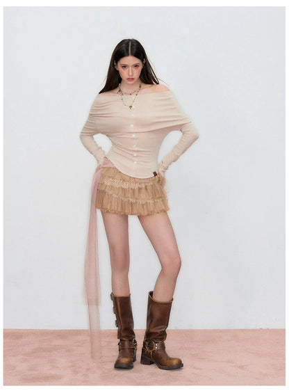 Off-Shoulder Long-Sleeve Knit T-Shirt