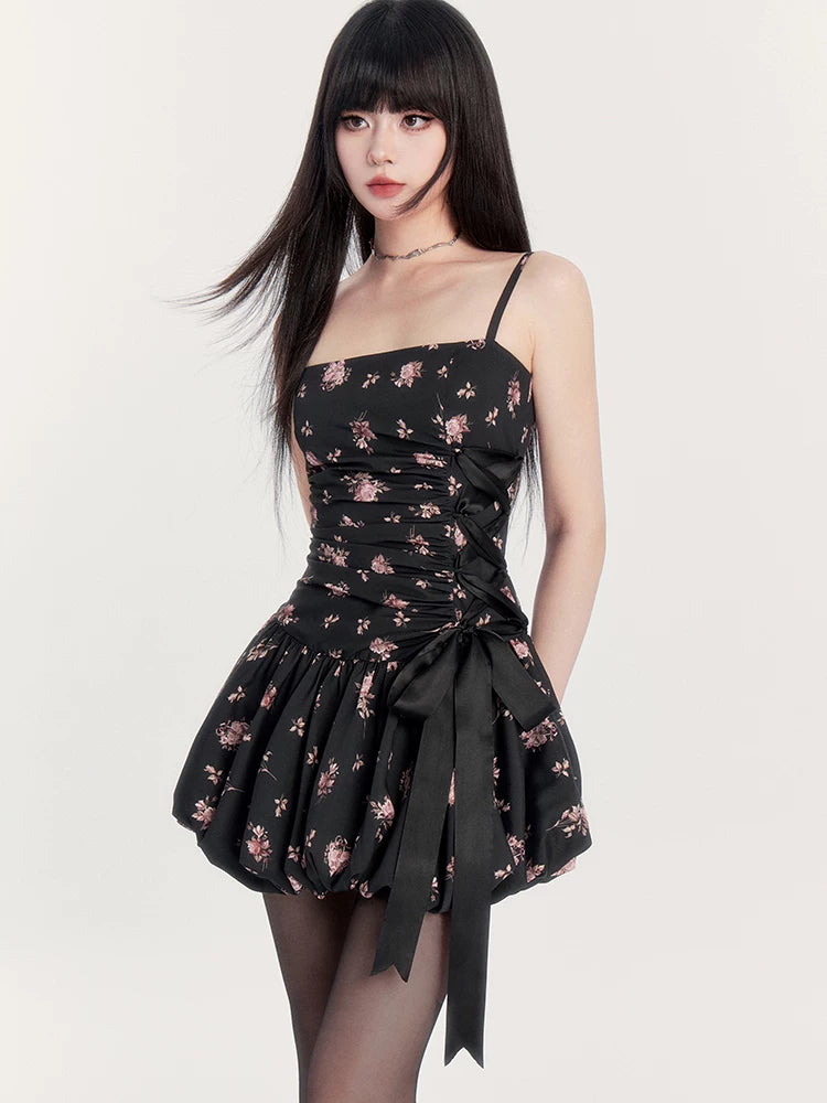 Dream French Floral Bow Waist Puff Dress