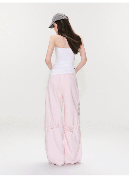 Vintage Graphic Drawstring Wide-Leg Pants