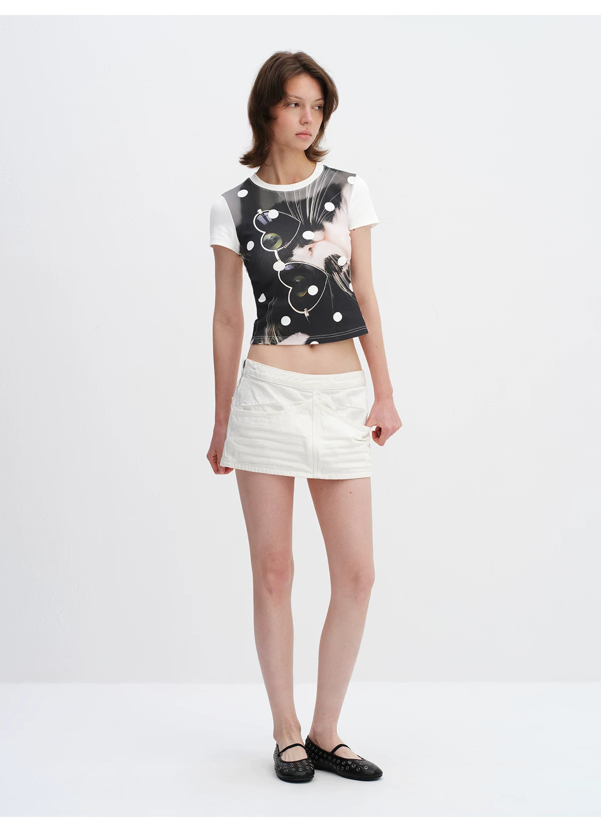 Playful Cat Polka Dot Cropped T-Shirt