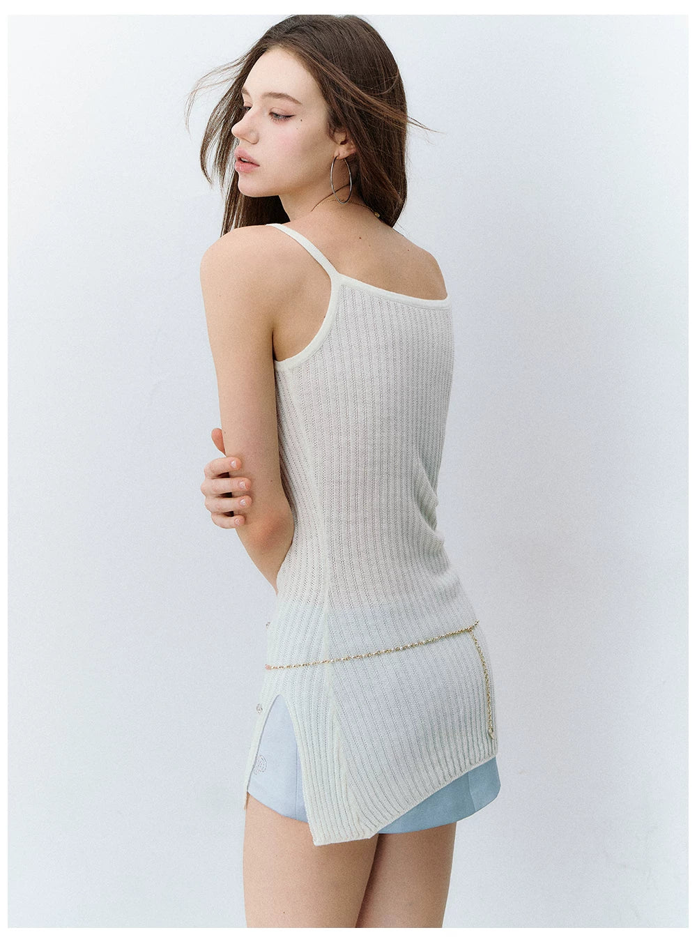 Crystal-Embellished Ribbed Knit Side-Slit Camisole Dress