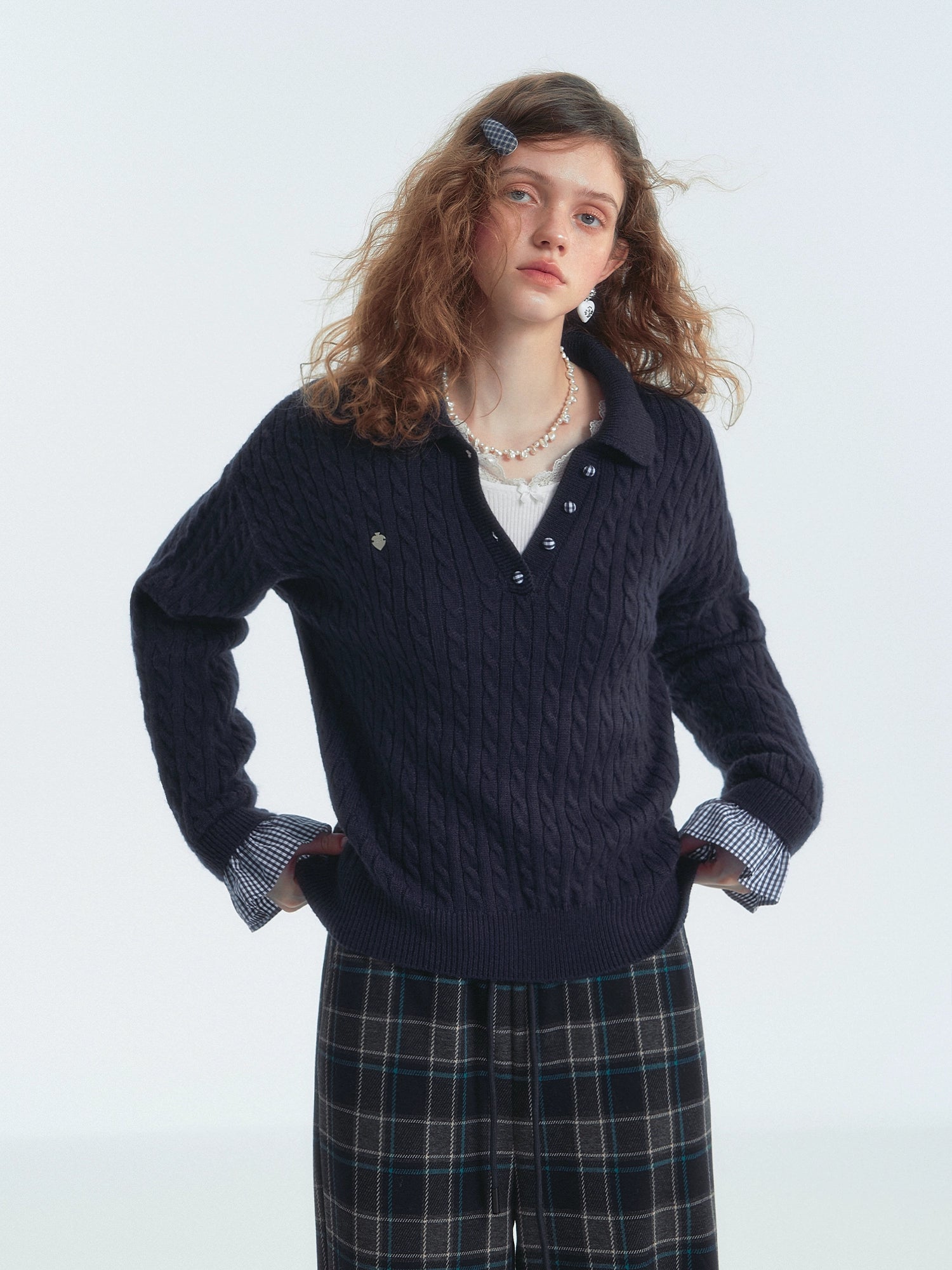 Cable Knit Polo Collar Plaid Splicing Sweater