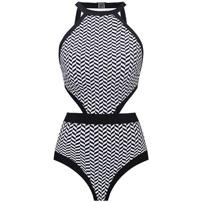 Black &amp; White Striped Open-back One-piece Swimsuit