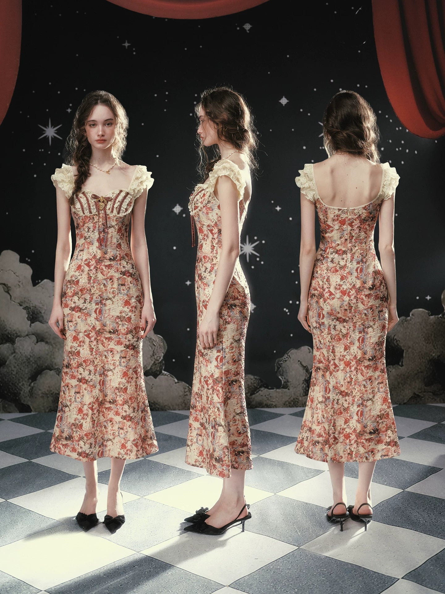 Vintage Lace-Patchwork Floral Mermaid Dress