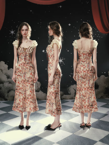 Vintage Lace-Patchwork Floral Mermaid Dress