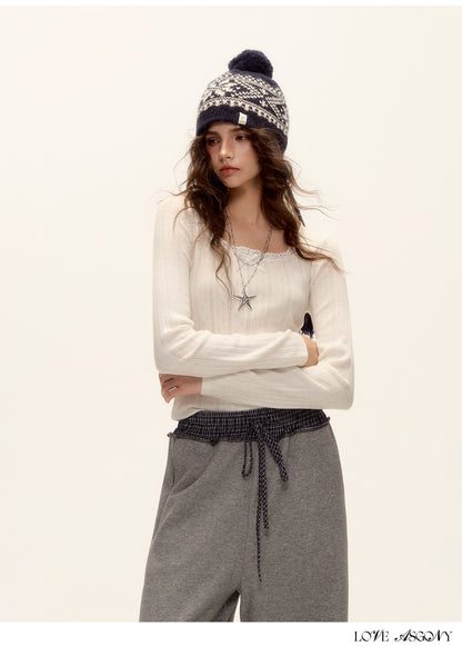 Bow Cutout Knit U-Neck T-Shirt