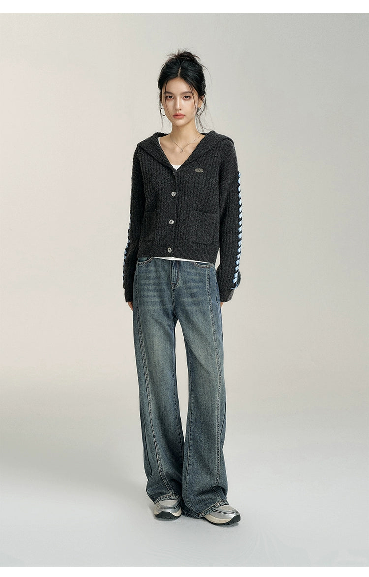 Heart-Patterned Fleece-Lined Wide-Leg Denim Pants