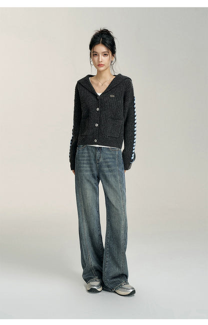 Heart-Patterned Fleece-Lined Wide-Leg Denim Pants