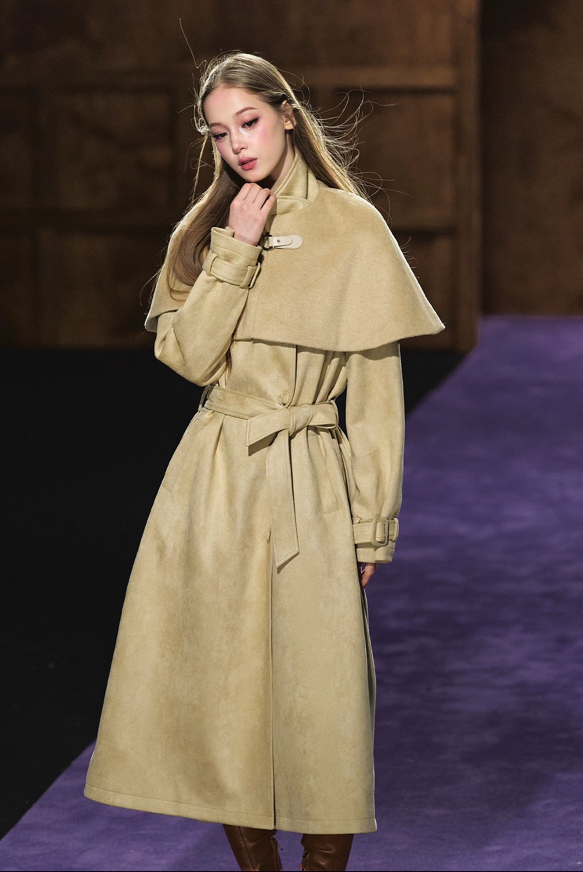 Shimmer Wool Cape Overlay &amp; Suede Long Detachable Belt Coat