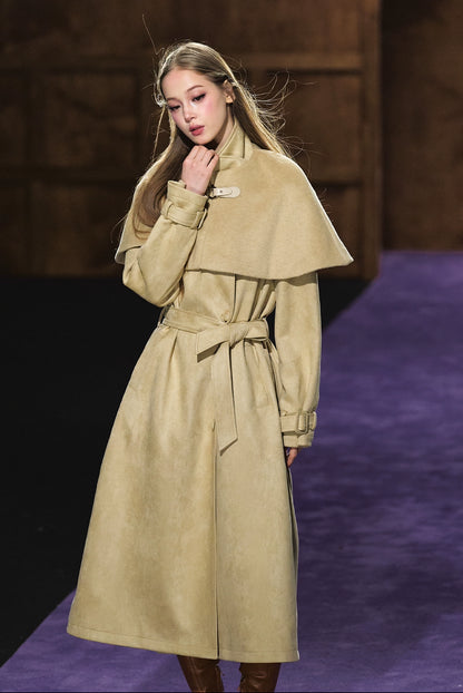 Shimmer Wool Cape Overlay &amp; Suede Long Detachable Belt Coat