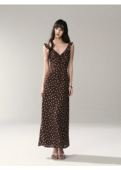 Chocolate Polka Dot French Slim-Fit Slip Maxi Dress