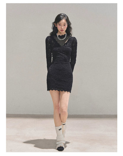 Lace Mesh Long-Sleeve Mini Dress