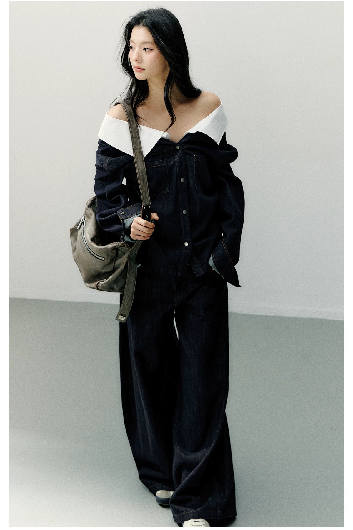 Off-Shoulder Denim Long Sleeve Shirt