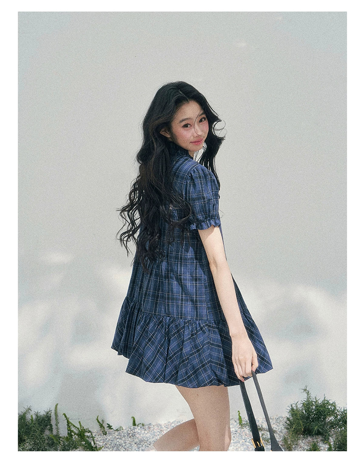 French Plaid Puff Sleeve Mini Dress Blue / M