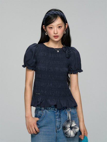 Three-Dimensional Flower Pleated Short-Sleeve Blouse - CHINASQUAD