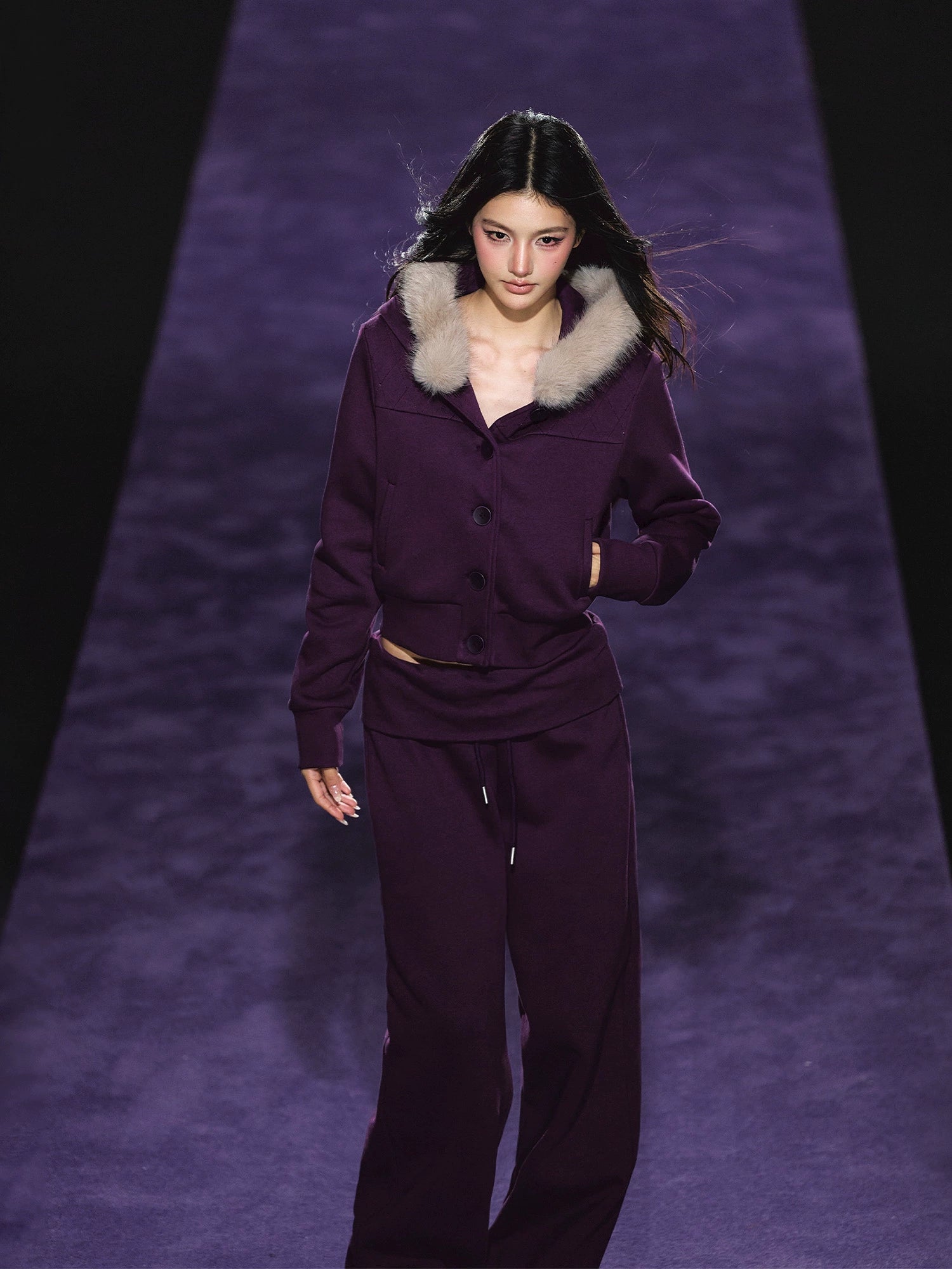 Faux Fur Hooded Cropped Hoodie &amp; Jogger Set