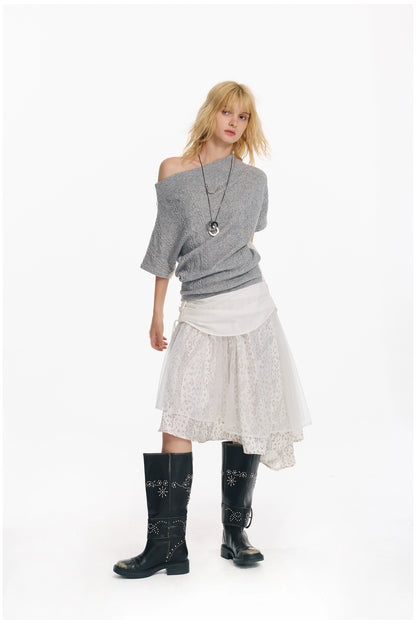 Diagonal Bat-Sleeve Knit Crewneck