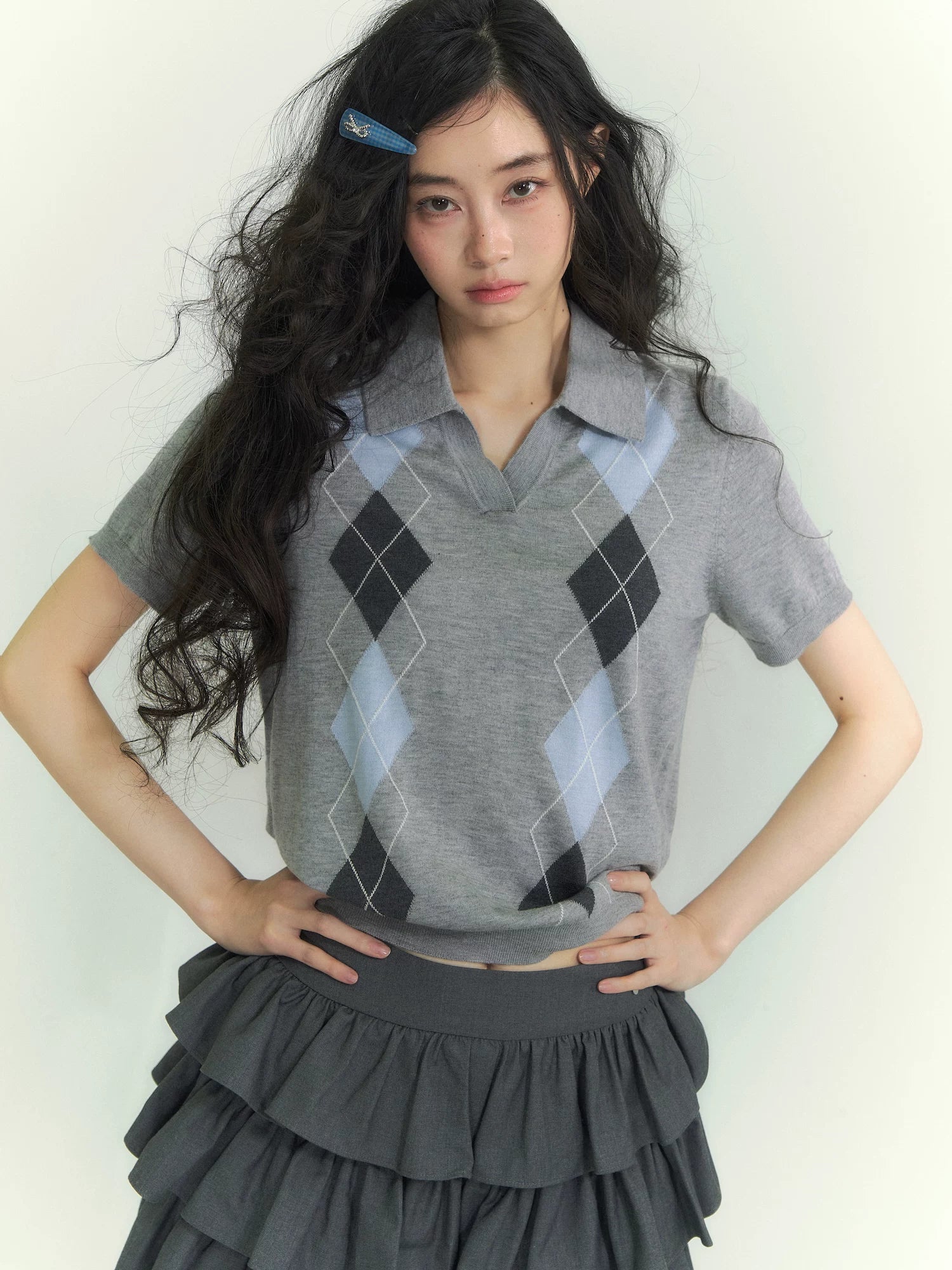 Diamond Panel Colorblock Polo Knit Top