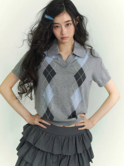 Diamond Panel Colorblock Polo Knit Top
