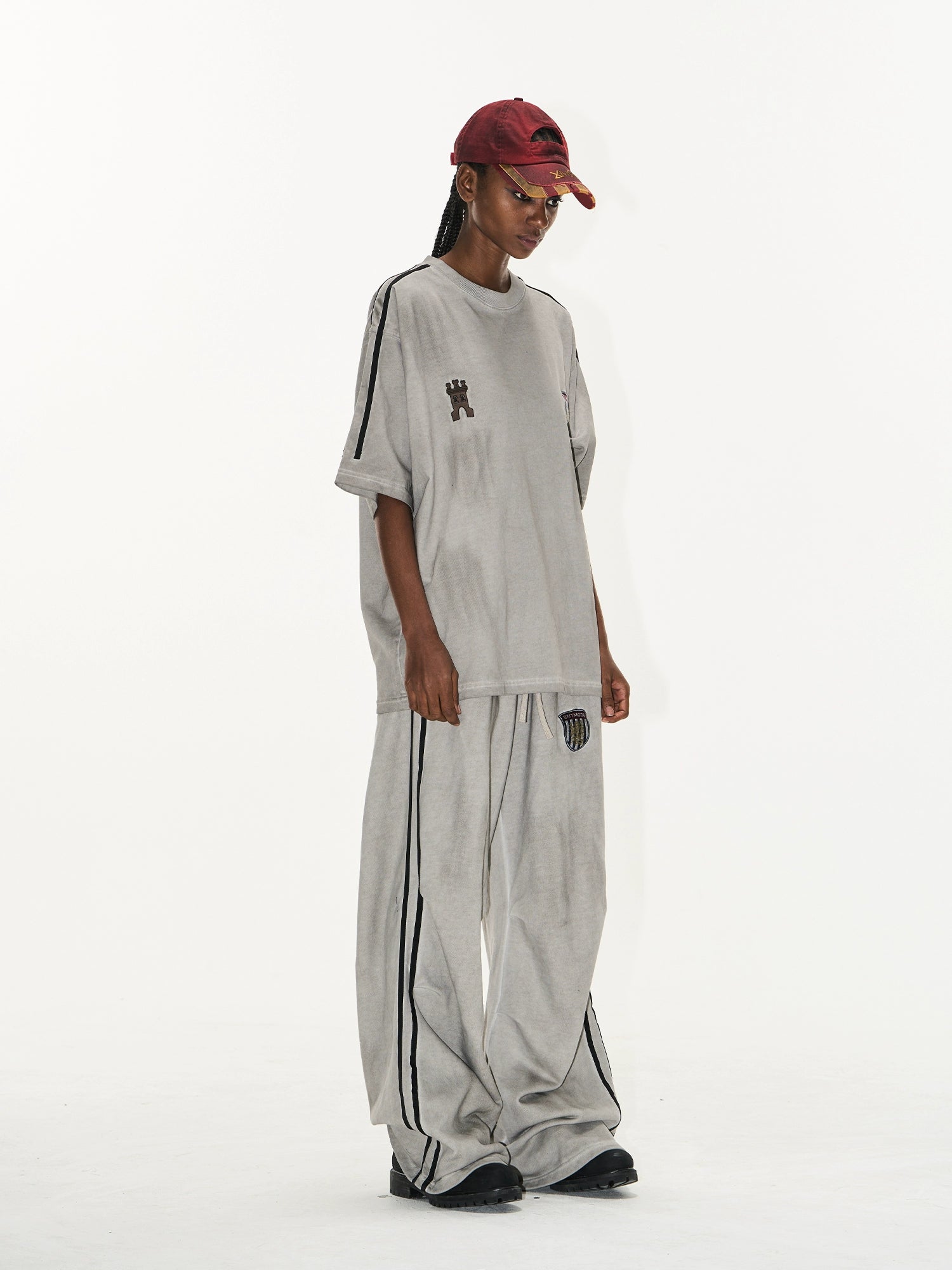 Washed Badge Cotton Pleated Track Pants